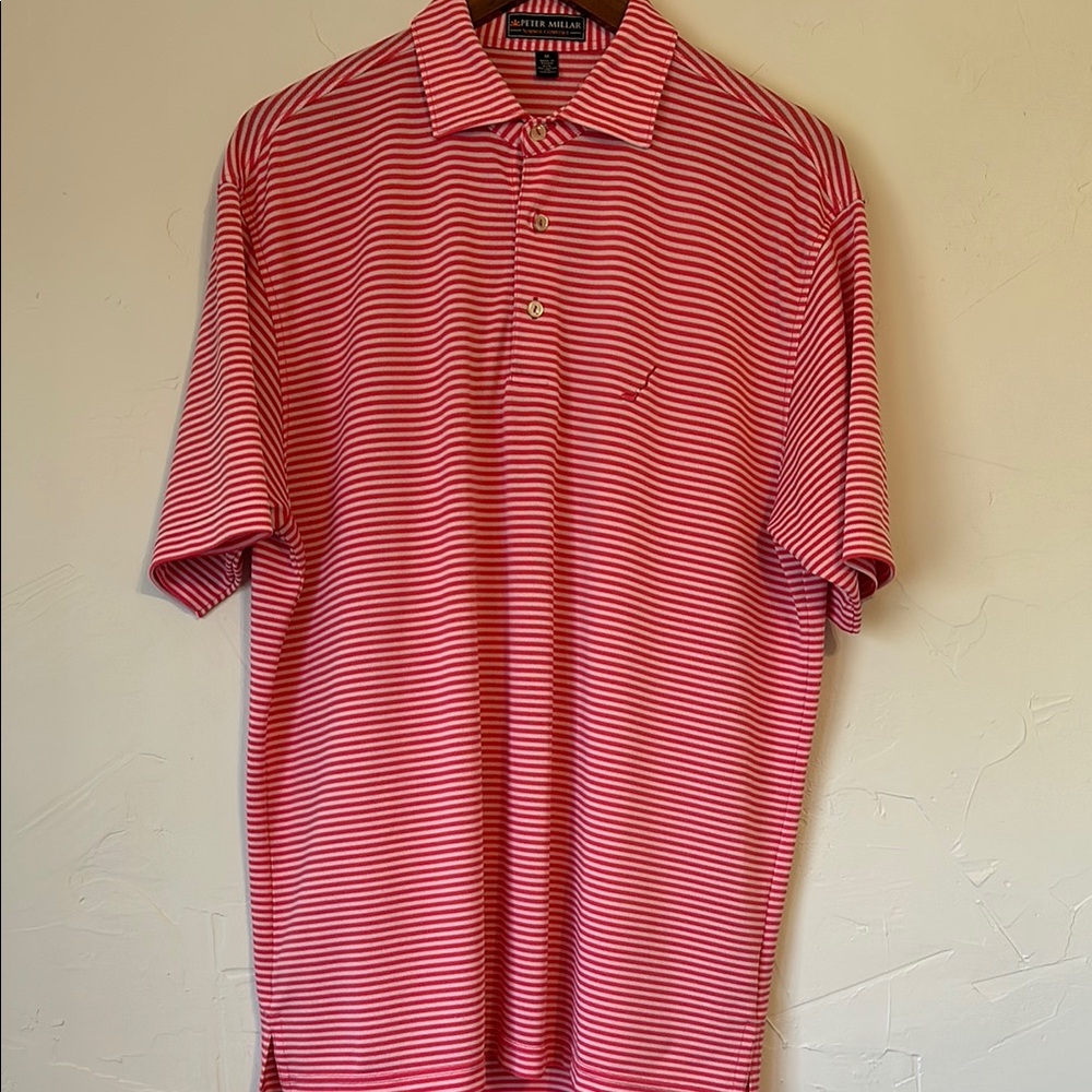 Peter Millar Red and White Golf Polo Shirt with Striped Design
